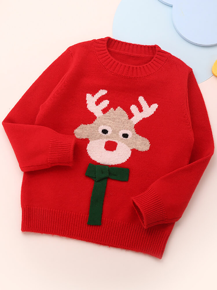 Kids Christmas Reindeer Cashmere Sweater with 3D Bow